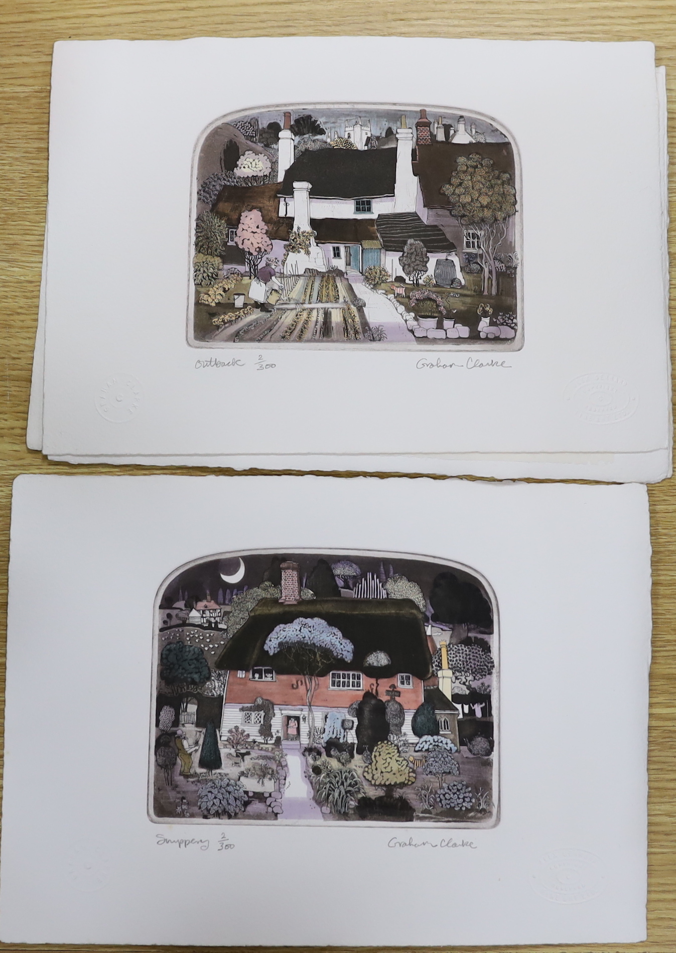 Graham Clarke (b.1941) set of eight colour etchings, including 'Morning Rush', 'Mother Hen' and 'Groundsman', each signed in pencil, with blindstamps and limited edition of 300, 33 x 23cm, unframed